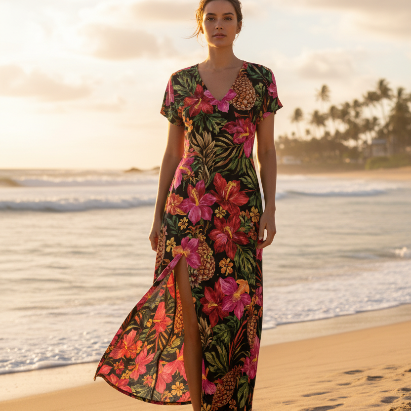 Damen Maxi-Sommerkleid, geblümt, V-Ausschnitt, kurze Ärmel, lässig, Strand-Stil, mit seitlichem Schlitz
