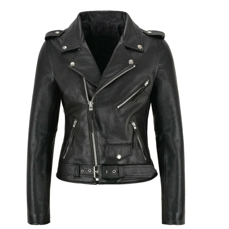 Veste Moto Cuir Noire Femme Style Punk Fermeture Éclair