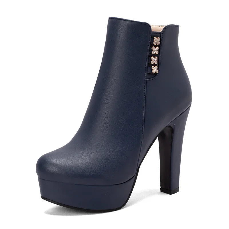 Damen-Stiefeletten mit Kristallblumenmuster, hohem Absatz und Reißverschluss für den Winter