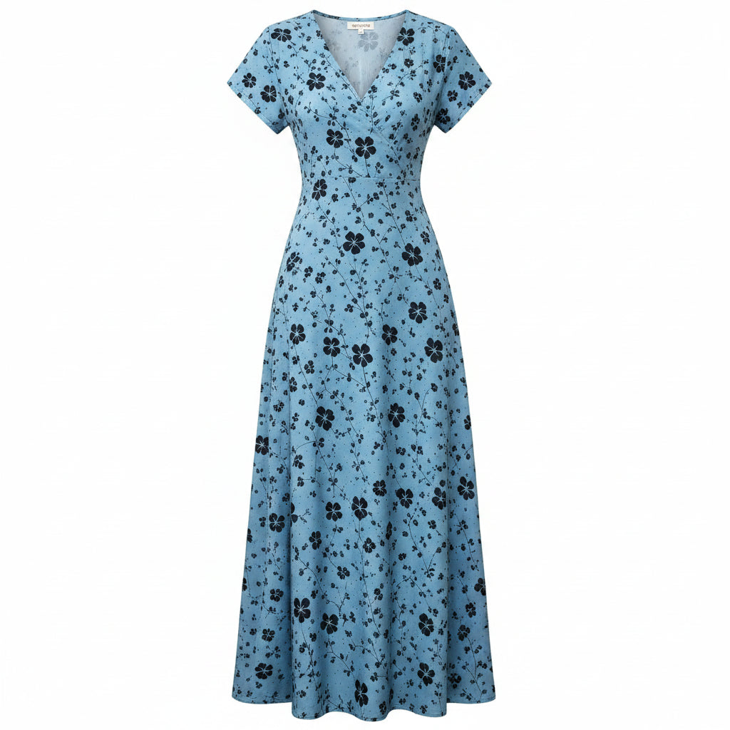 Damen Maxi-Sommerkleid, geblümt, V-Ausschnitt, kurze Ärmel, lässig, Strand-Stil, mit seitlichem Schlitz