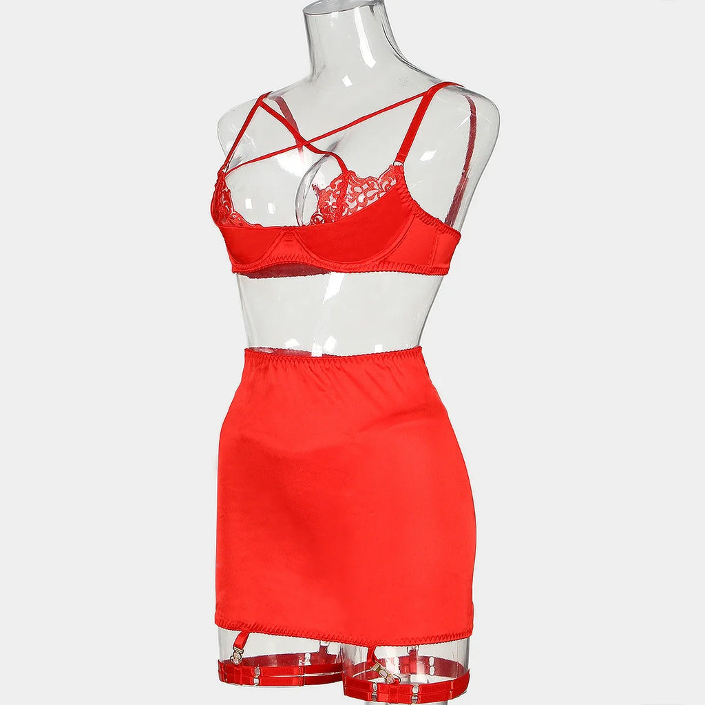 Elloace Rotes Push-Up-BH-Set aus Spitze mit gekreuzten Trägern