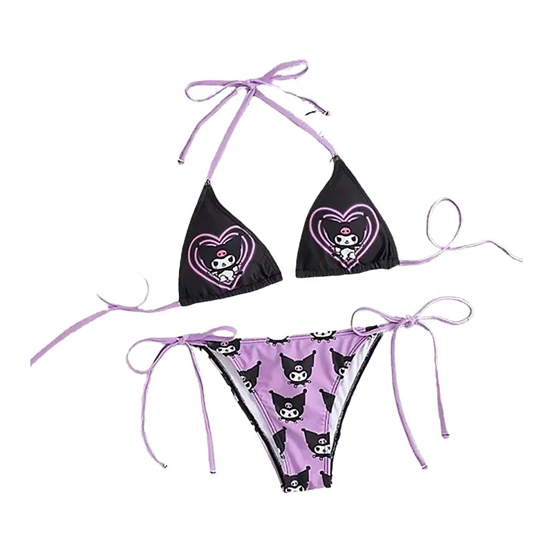 Kawaii Cosplay Two-Piece Bikini with Cat Print – Kuromi Y2K