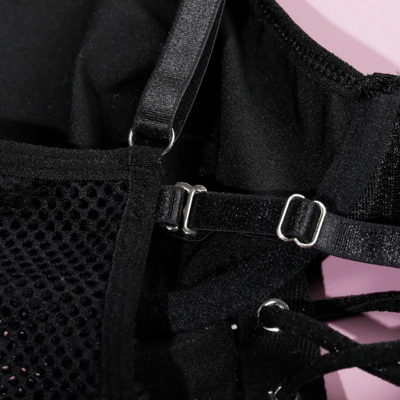 Tornova Lingerie Schwarzes Patchwork-Bustier und Höschen aus PU-Leder mit Schnürung