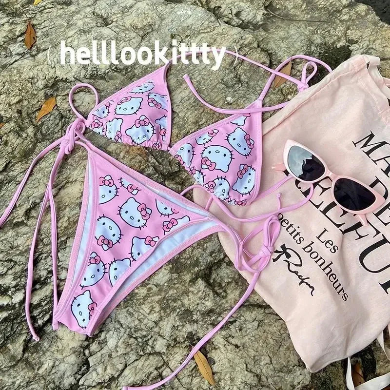 Kawaii Cosplay Two-Piece Bikini with Cat Print – Kuromi Y2K