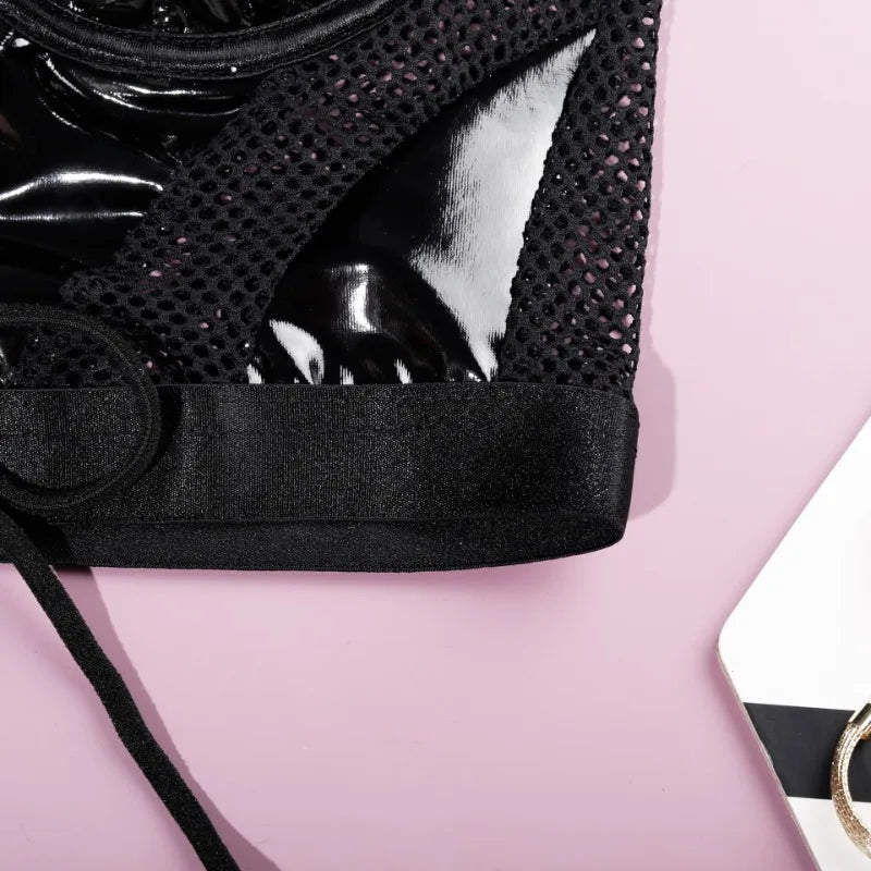 Tornova Lingerie Schwarzes Patchwork-Bustier und Höschen aus PU-Leder mit Schnürung