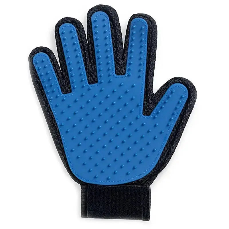 Gant de toilettage en silicone bleu pour chiens et chats, paume à picots, bord noir et sangle poignet facilement