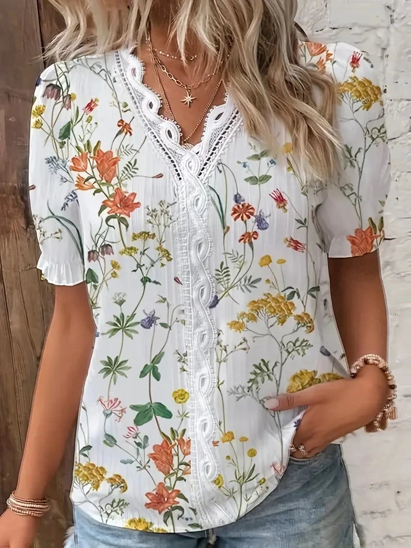Chemise Décontractée Col V Ajourée Jacquard Floral Été