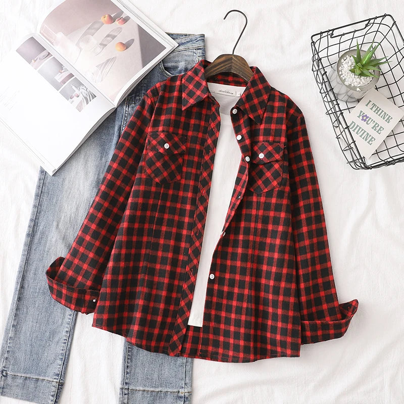 Chemise Femme Flanelle De Coton Carreaux Slim Fit Manches Longues