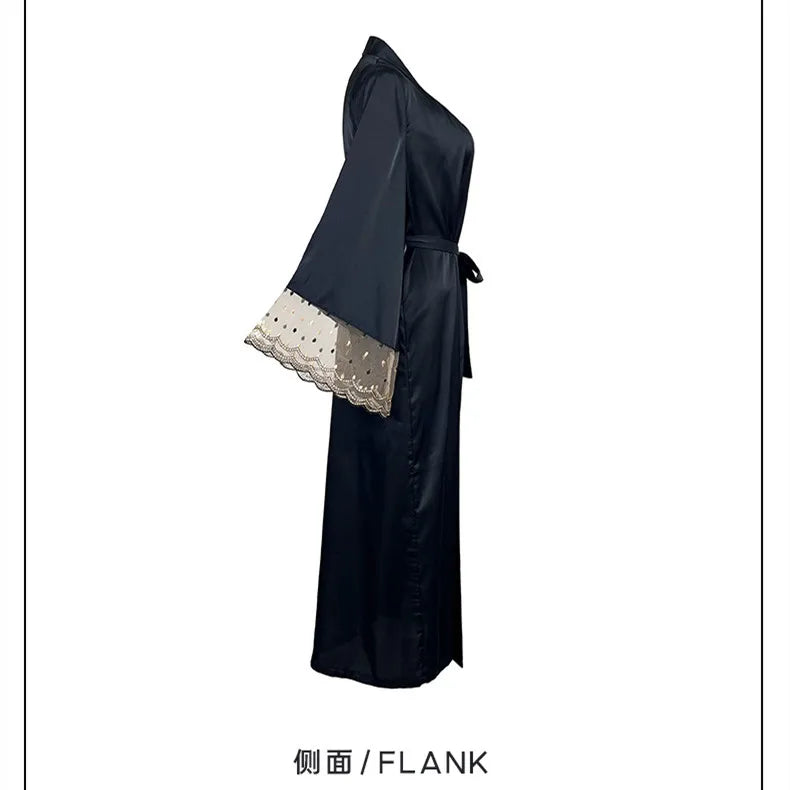 Schwarzes Satin-Nachthemd von Niuniushow mit V-Ausschnitt und langen Spitzenärmeln