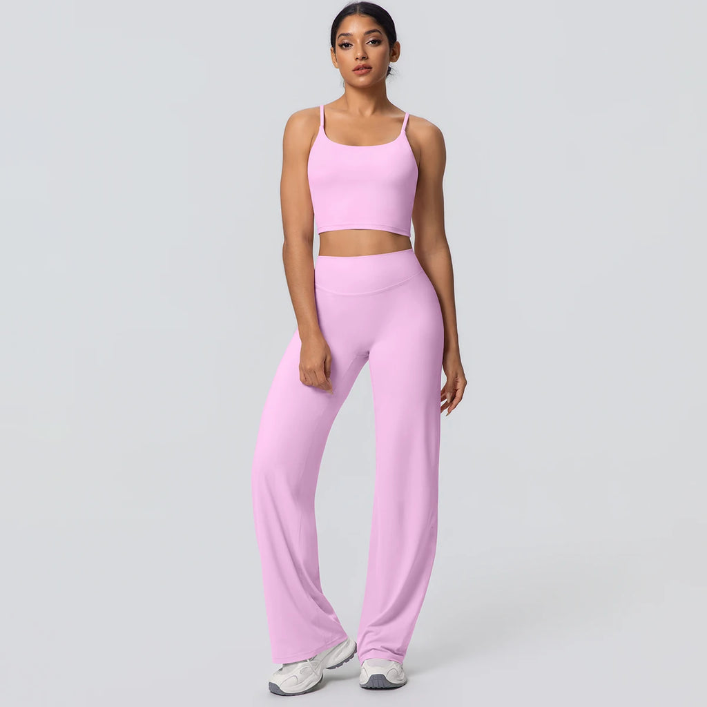 Ensemble Sport Femme Bleu Clair Dos Nu Bretelles Pantalon Taille Haute