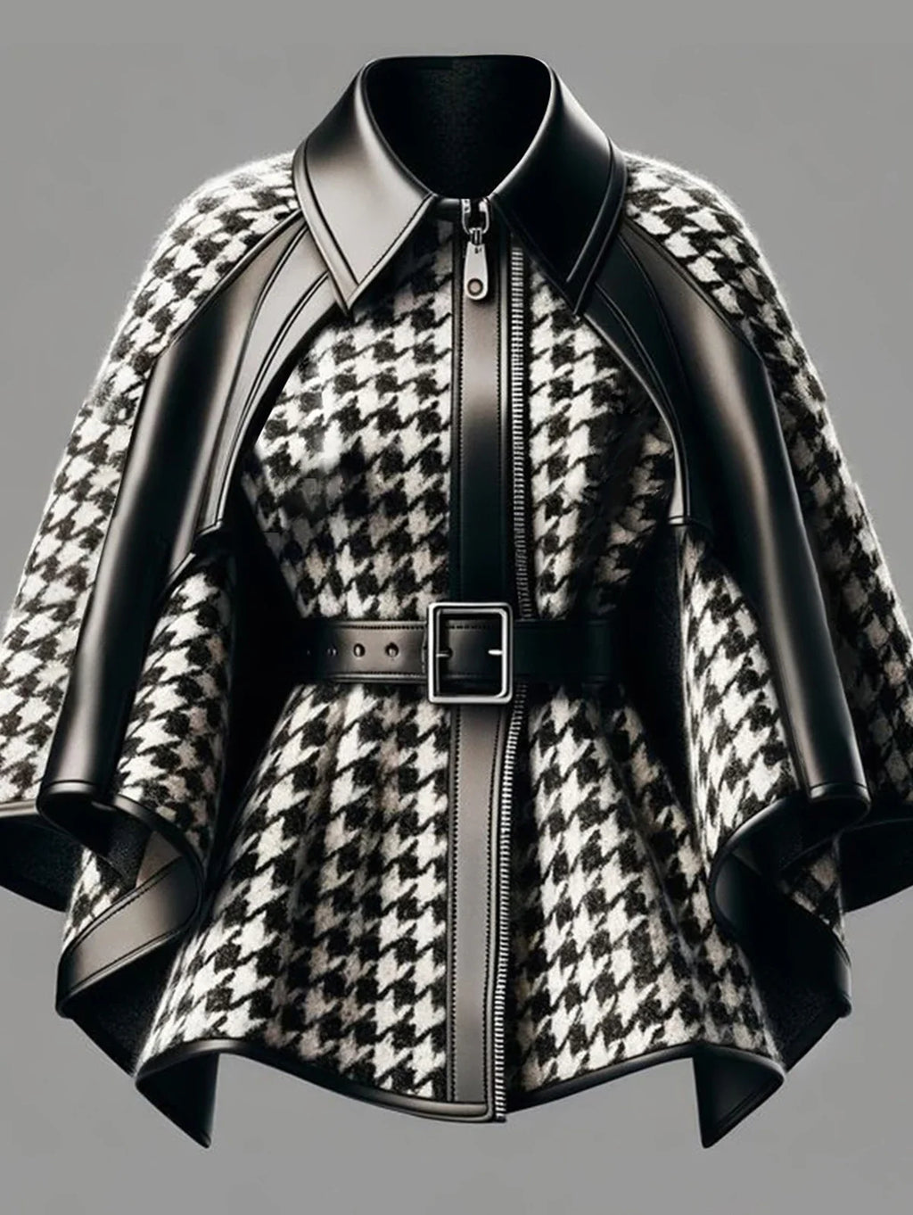 Veste Femme Pied-De-Poule Cape Asymétrique Zip Harajuku Style