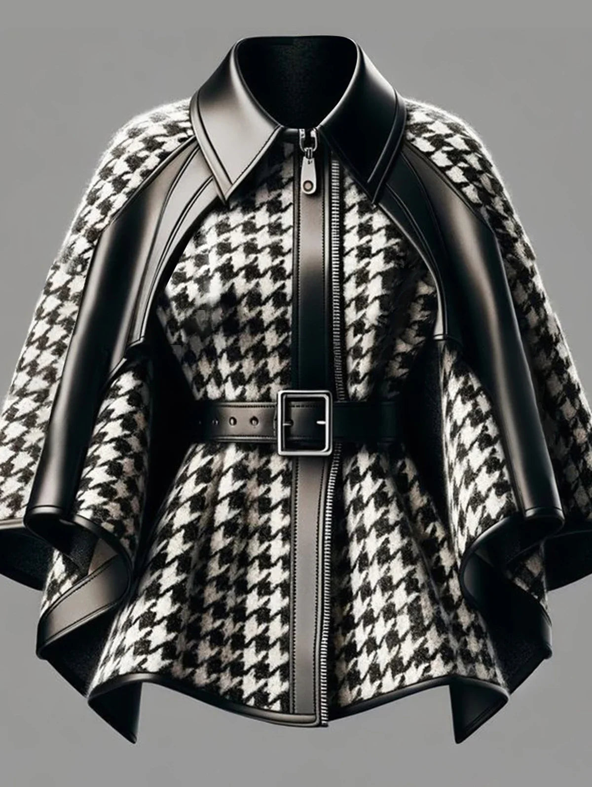 Veste Femme Pied-De-Poule Cape Asymétrique Zip Harajuku Style