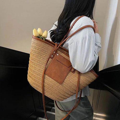 Woven straw beach tote bag