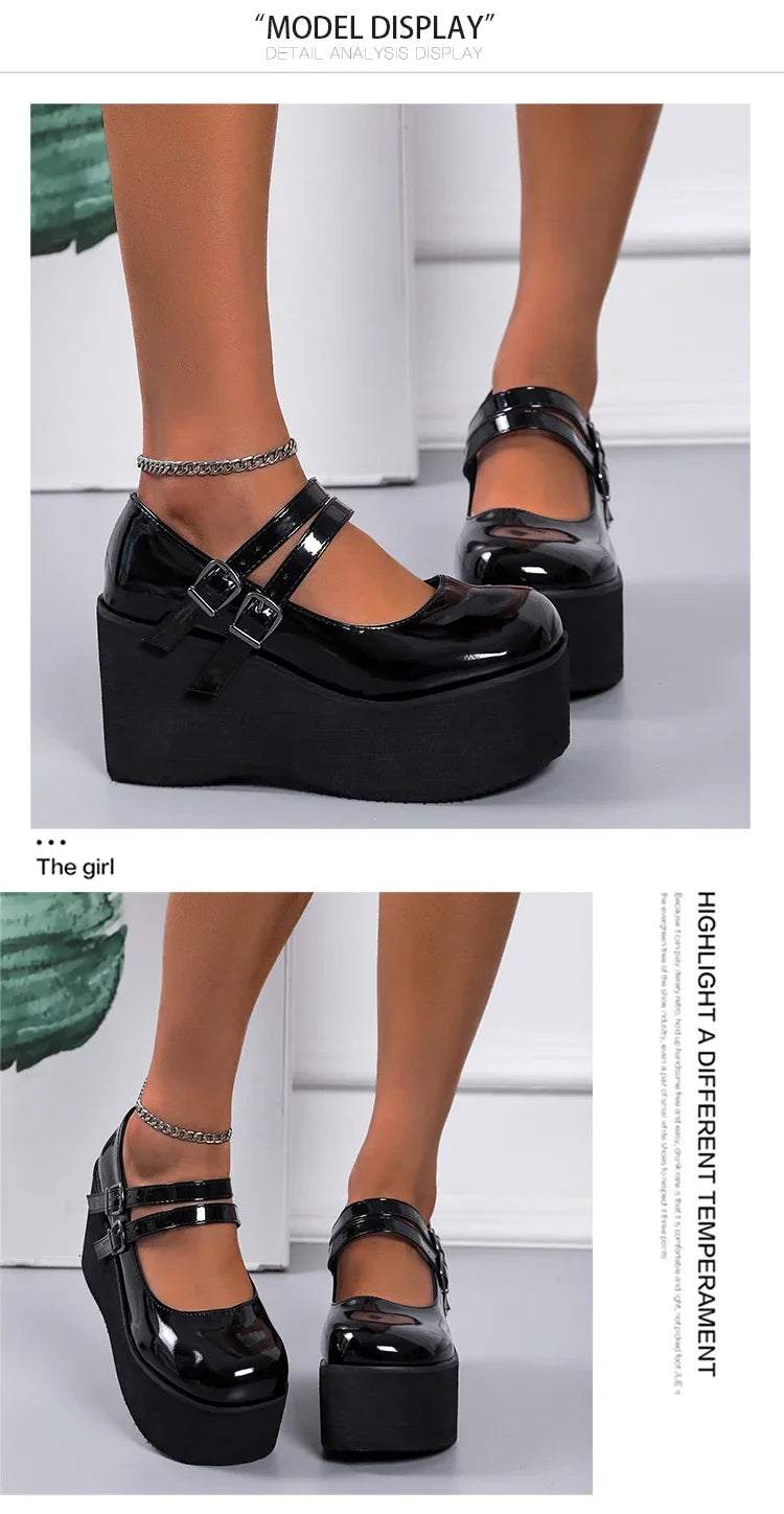 Escarpins Mary Jane Noir Verni À Plateforme Et Talon Compensé