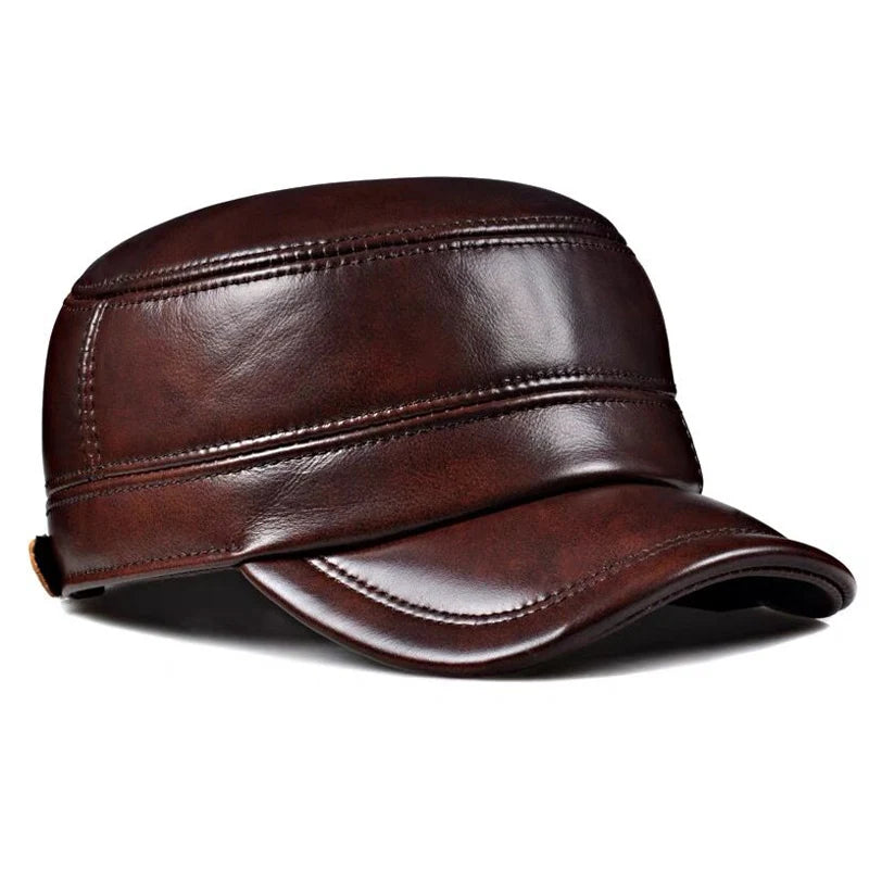 LKSORL Casquette Hiver Cuir Véritable Marron Militaire