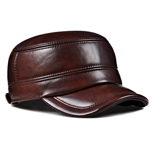 LKSORL Casquette Hiver Cuir Véritable Marron Militaire