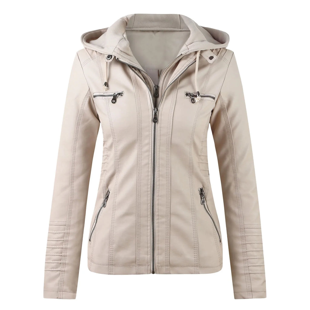 SITMCF Veste Moto Femme PU Cuir À Capuche Fermeture Éclair