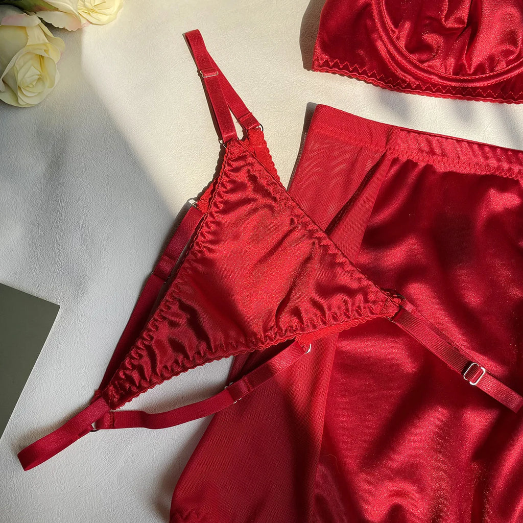 Ellolace Dessous-Set, feiner Satin und Spitze, Rot, 5-teilig