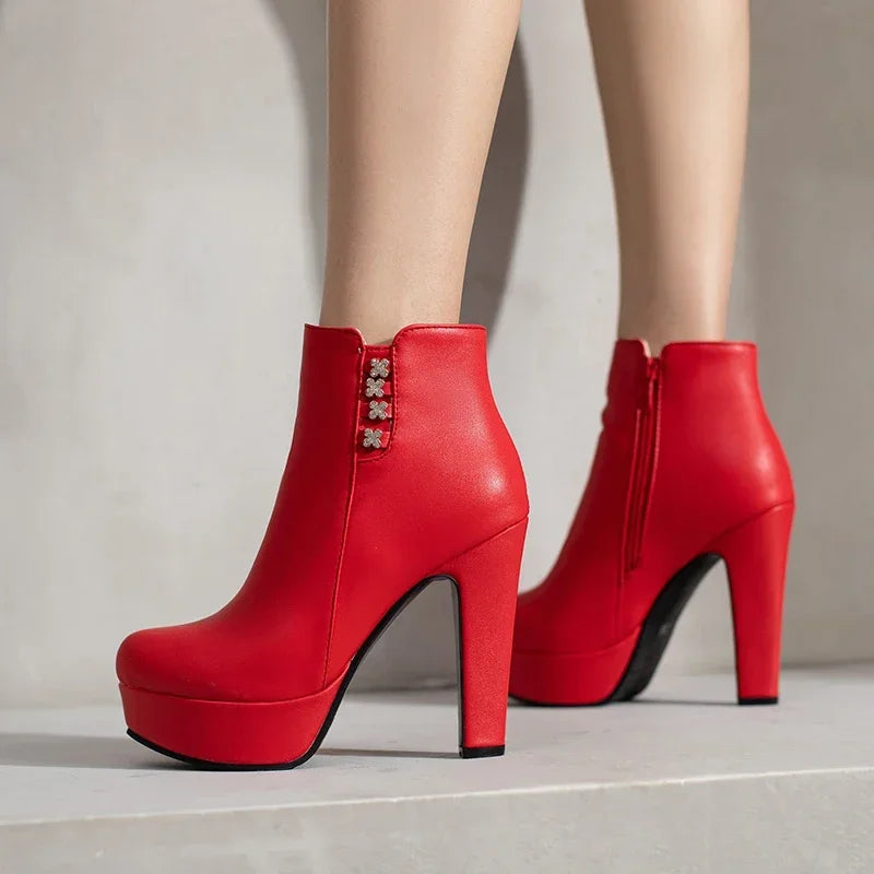 Damen-Stiefeletten mit Kristallblumenmuster, hohem Absatz und Reißverschluss für den Winter