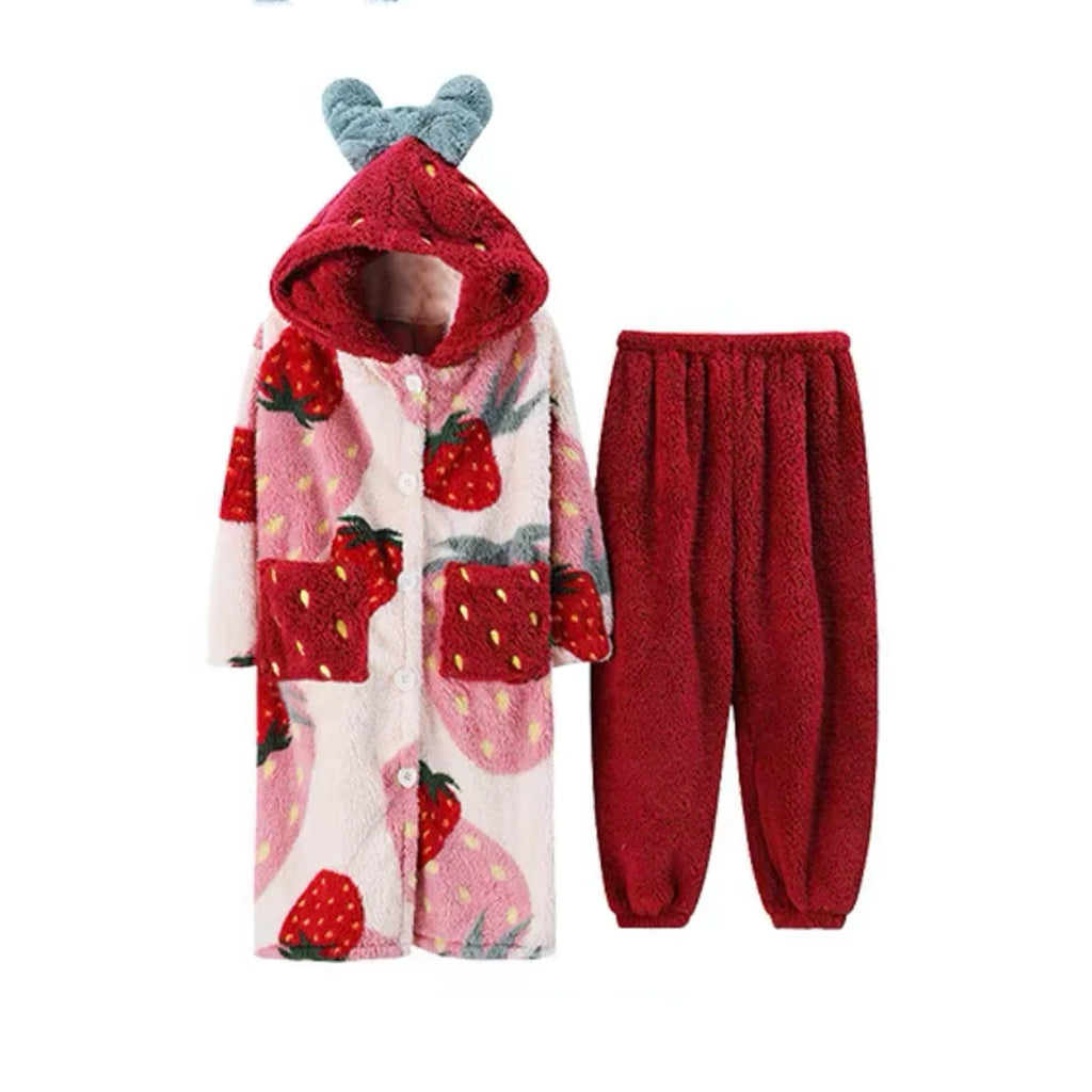 Jemma Leong Pyjama Femme Flanelle Capuche Fraise Dessin Animé