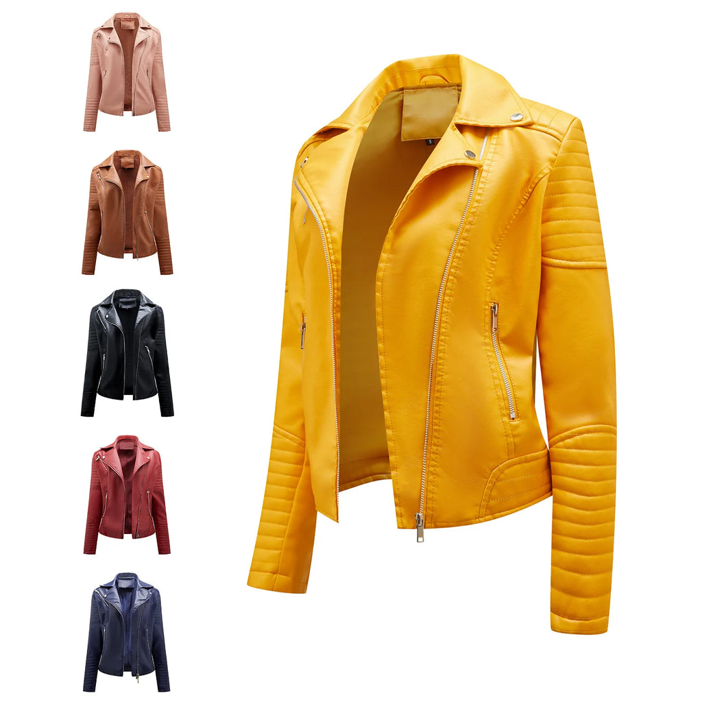 Qj Cinga Veste Motard En Cuir Jaune Zip Oblique Femme