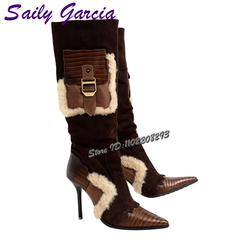 Saily Garcia Bottes Hautes Marron Patchwork Fourrure Bout Pointu Talon Aigu