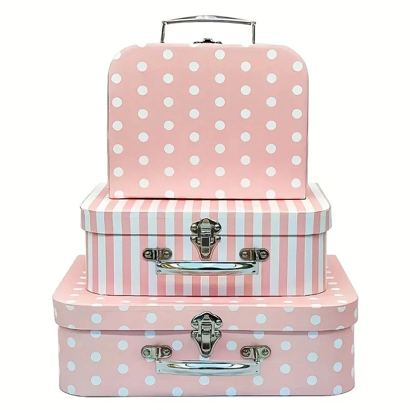 Vintage Geschenkbox aus Karton mit Polka-Dots und Streifen, 3-teilig