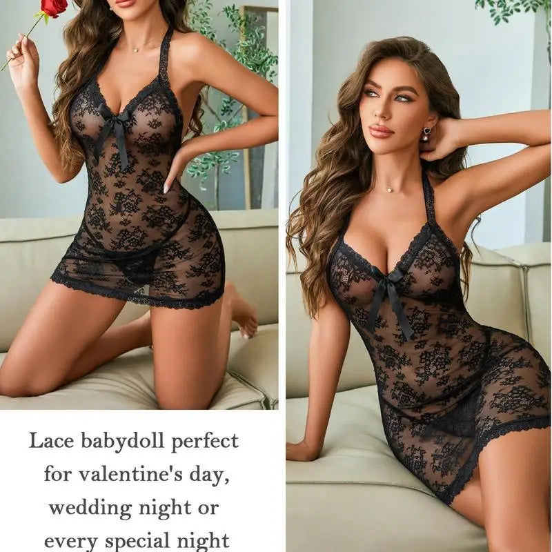 Transparente schwarze Spitzen-Dessous-Bluse mit Neckholder-Perlen