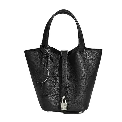 Sac à main seau Mendy noir en cuir véritable, bucket bag grainé avec anses et cadenas décoratif