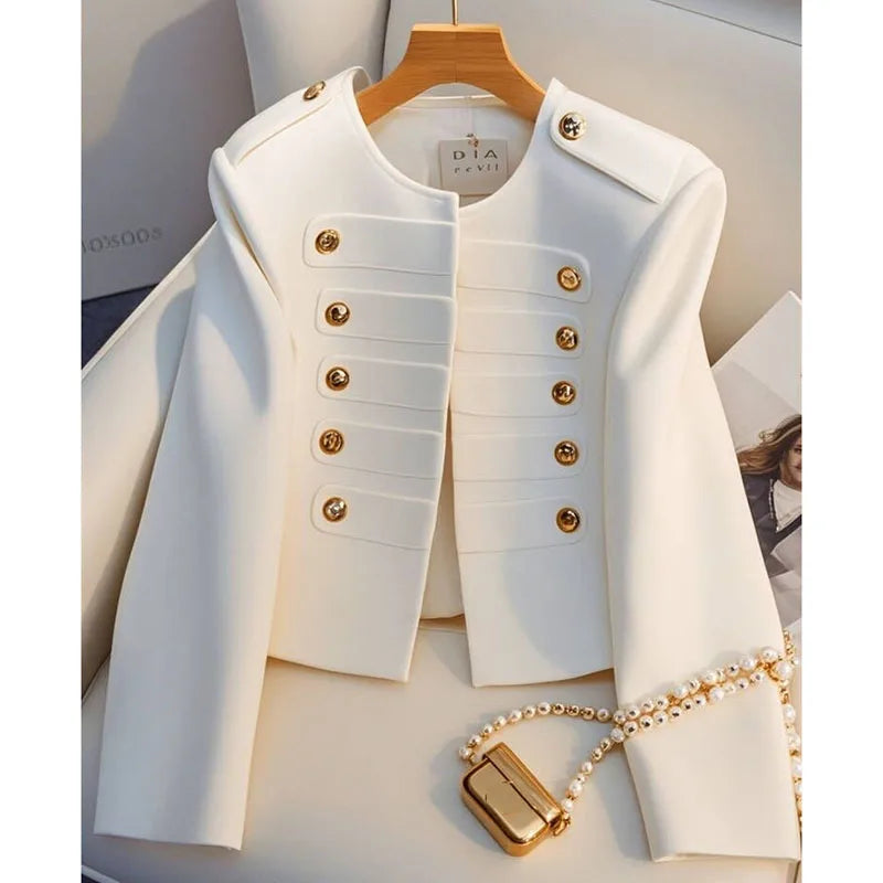 LBP Baiping Veste Femme Court Blanc Boutons Dorés Double Rangée