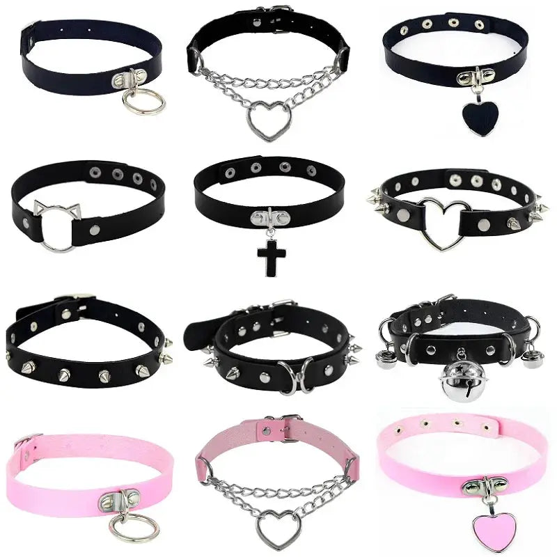 Collier ras du cou style gothique punk en cuir synthétique