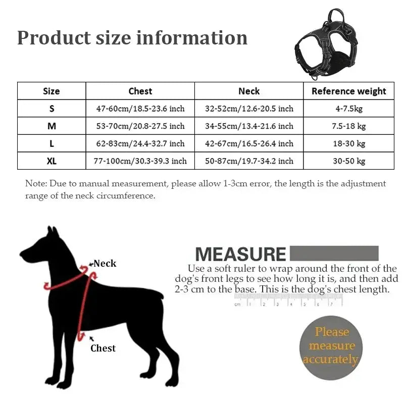 Harnais réglable en nylon pour chien – LSDLBoutique; tableau des tailles S-XL avec mesures du cou et de la poitrine et guide de mesure.