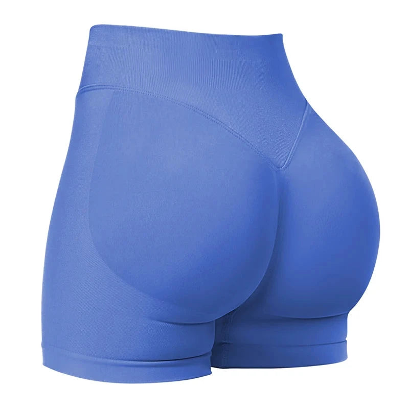 Short de sport sans couture Wendy bleu, taille haute et coupe moulante