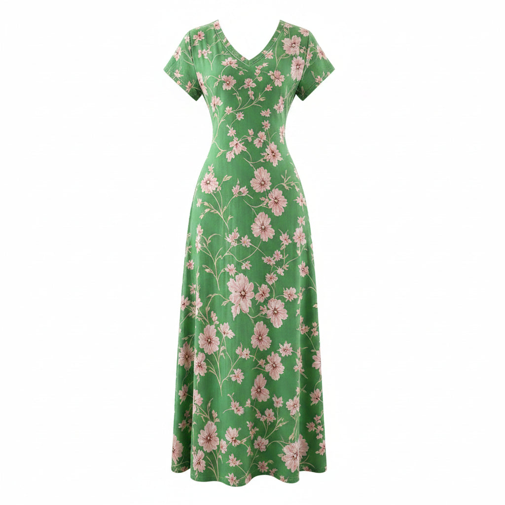 Women's Bohemian Floral Long Dress, V-Neck, Short Sleeve, Side Slit, Casual, for Beach and Travel