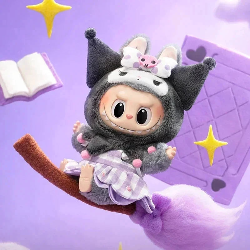 Porte-clé peluche Labubu Hello Kitty de POP MART, gris avec robe lilas et queue violette