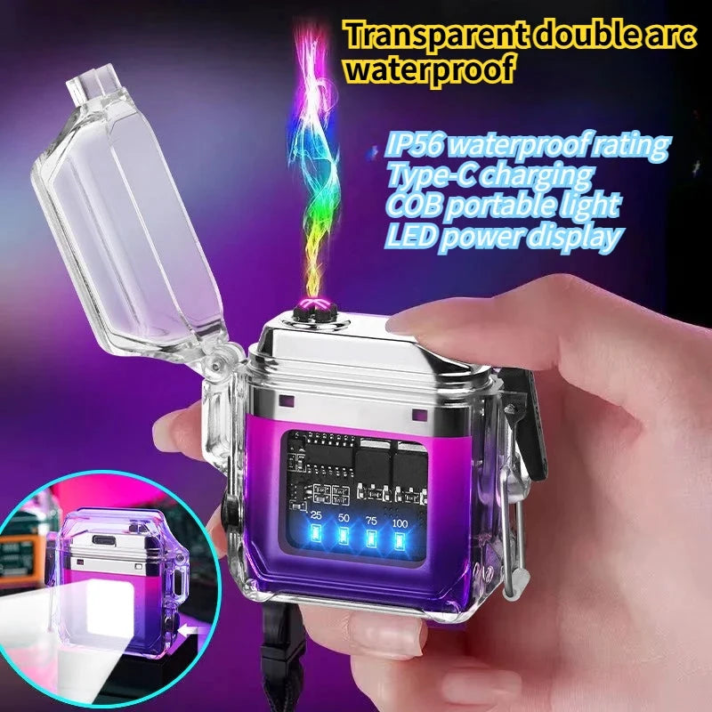 Transparentes elektronisches Feuerzeug mit Doppelbogen, wasserdicht, USB-Anschluss