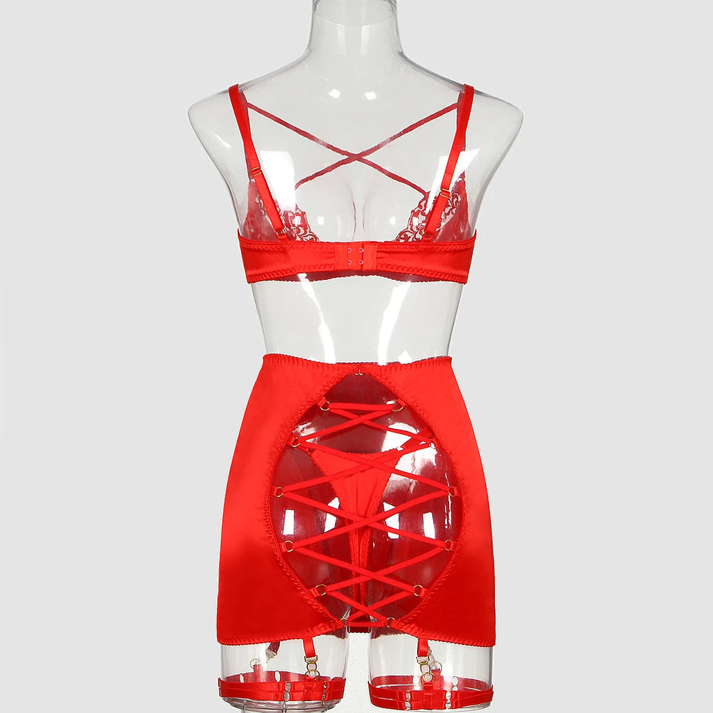Elloace Rotes Push-Up-BH-Set aus Spitze mit gekreuzten Trägern