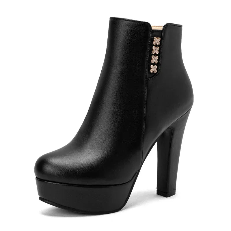 Damen-Stiefeletten mit Kristallblumenmuster, hohem Absatz und Reißverschluss für den Winter