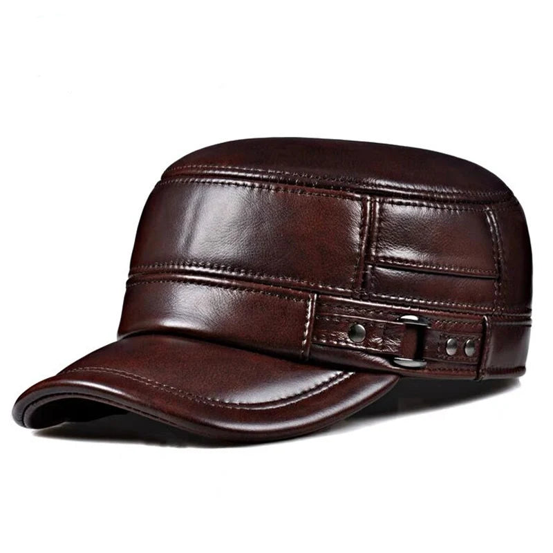 LKSORL Casquette Hiver Cuir Véritable Marron Militaire
