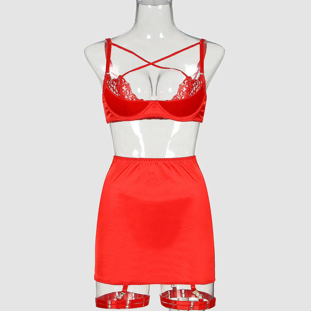 Elloace Rotes Push-Up-BH-Set aus Spitze mit gekreuzten Trägern