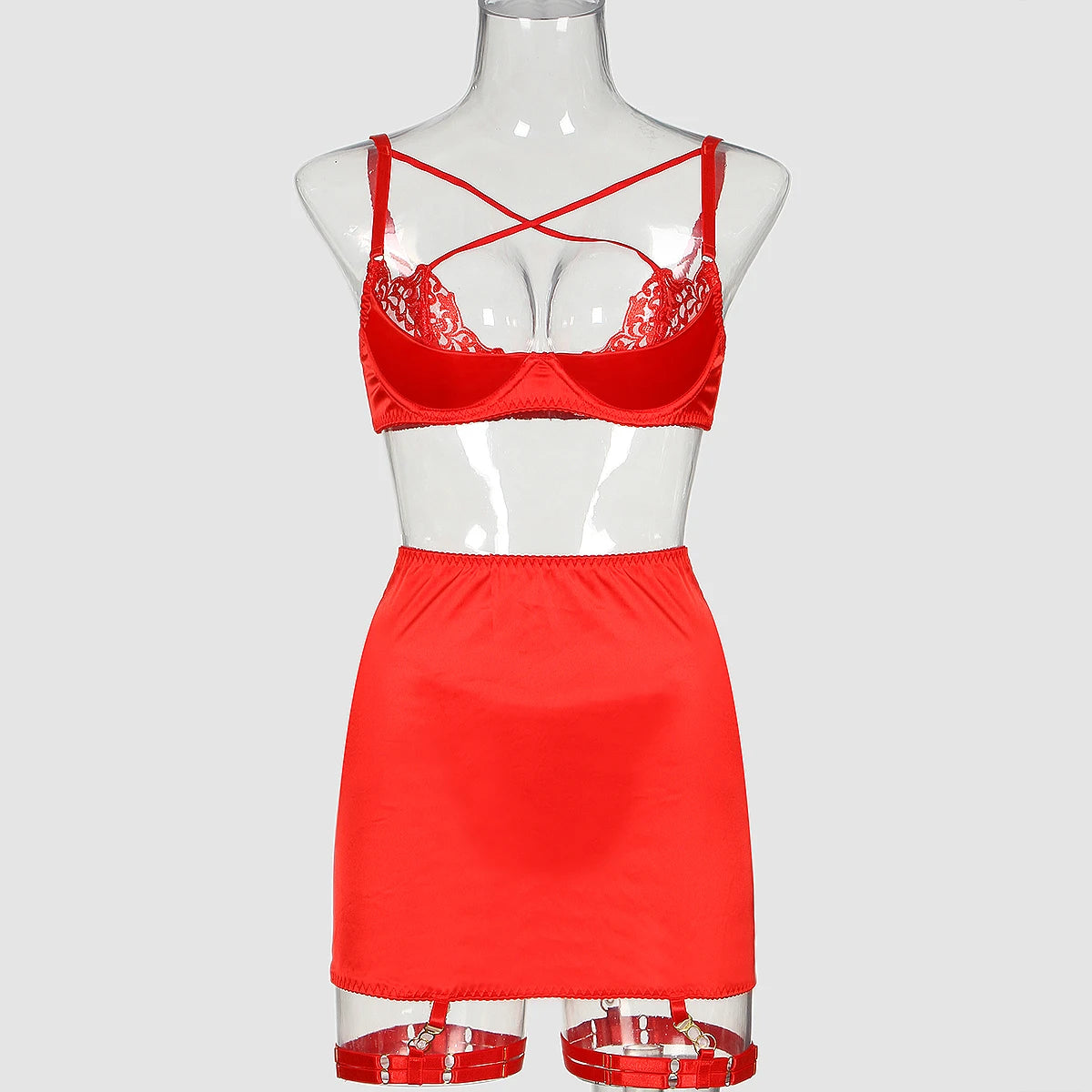 Elloace Rotes Push-Up-BH-Set aus Spitze mit gekreuzten Trägern