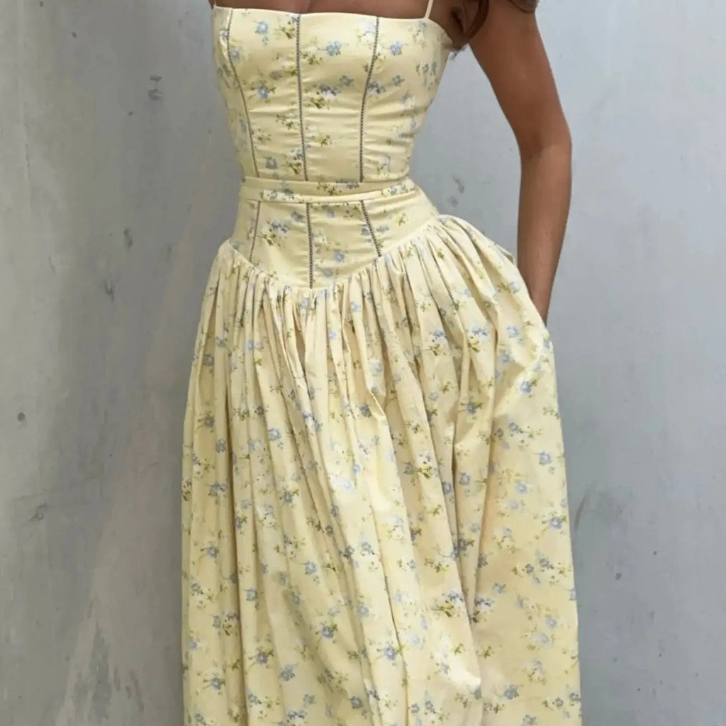 Mingmingxi Sommerkleid mit elegantem Blumenmuster, Neuheiten 2025, Spaghetti-Träger, ausgestelltes Maxikleid, Urlaub, Partykleider für Damen