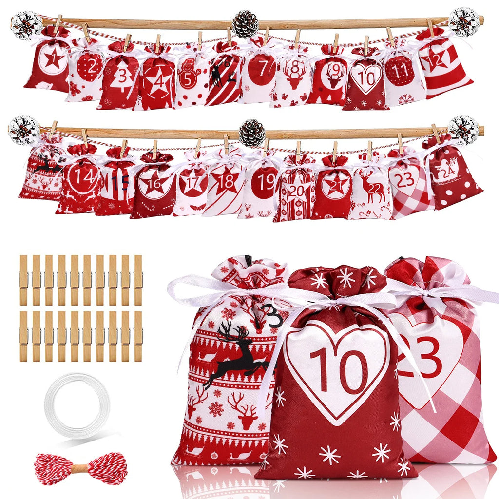 Sac De Calendrier De Noël 24 Jours 50 Pièces En Satin Lisse Avec Cordon Teint Par Couleur Pour Bonbons Et Cadeaux by LSDLBoutique.ch