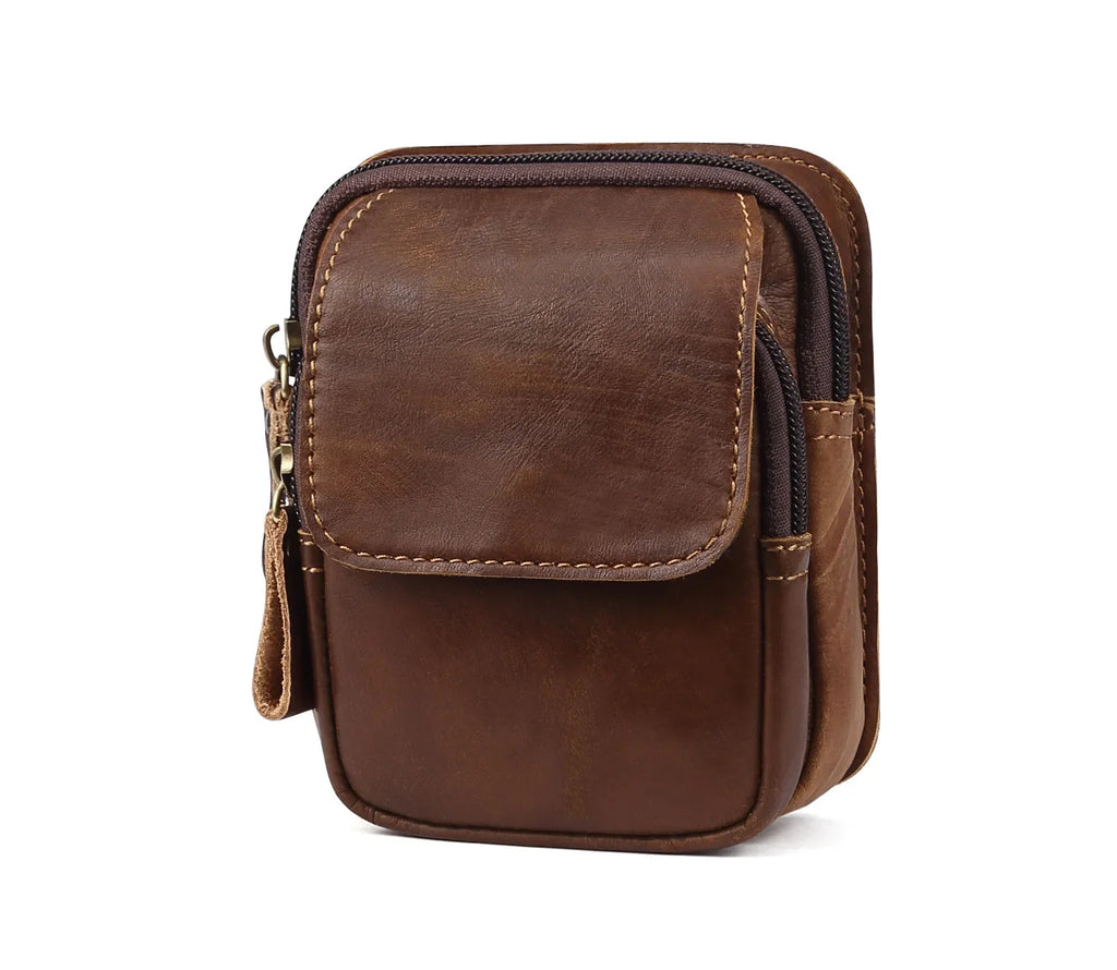 Sac de Taille en Cuir Brun avec Deux Compartiments et Fermeture Éclair