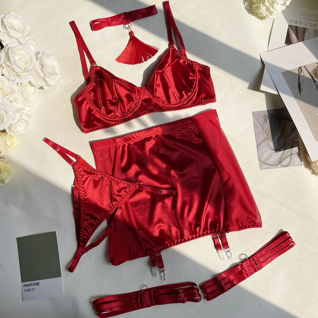 Ellolace Dessous-Set, feiner Satin und Spitze, Rot, 5-teilig