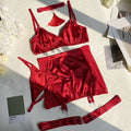 Ellolace Dessous-Set, feiner Satin und Spitze, Rot, 5-teilig