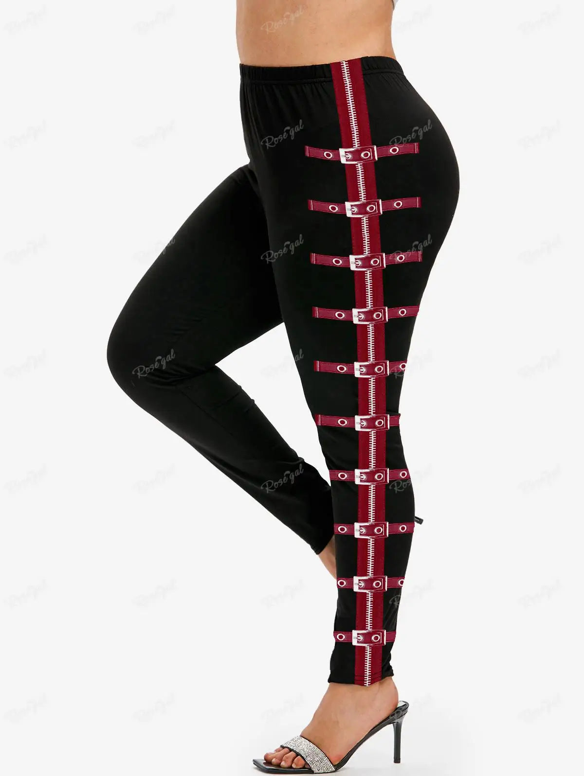 Gothic Leggings in Übergröße 5XL, bedruckte Schnallen, 3D-Reißverschluss, Pink