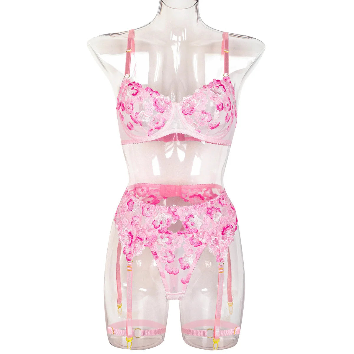 Blumenspitzen-Dessous-Set — BH, String & Strumpfhalter