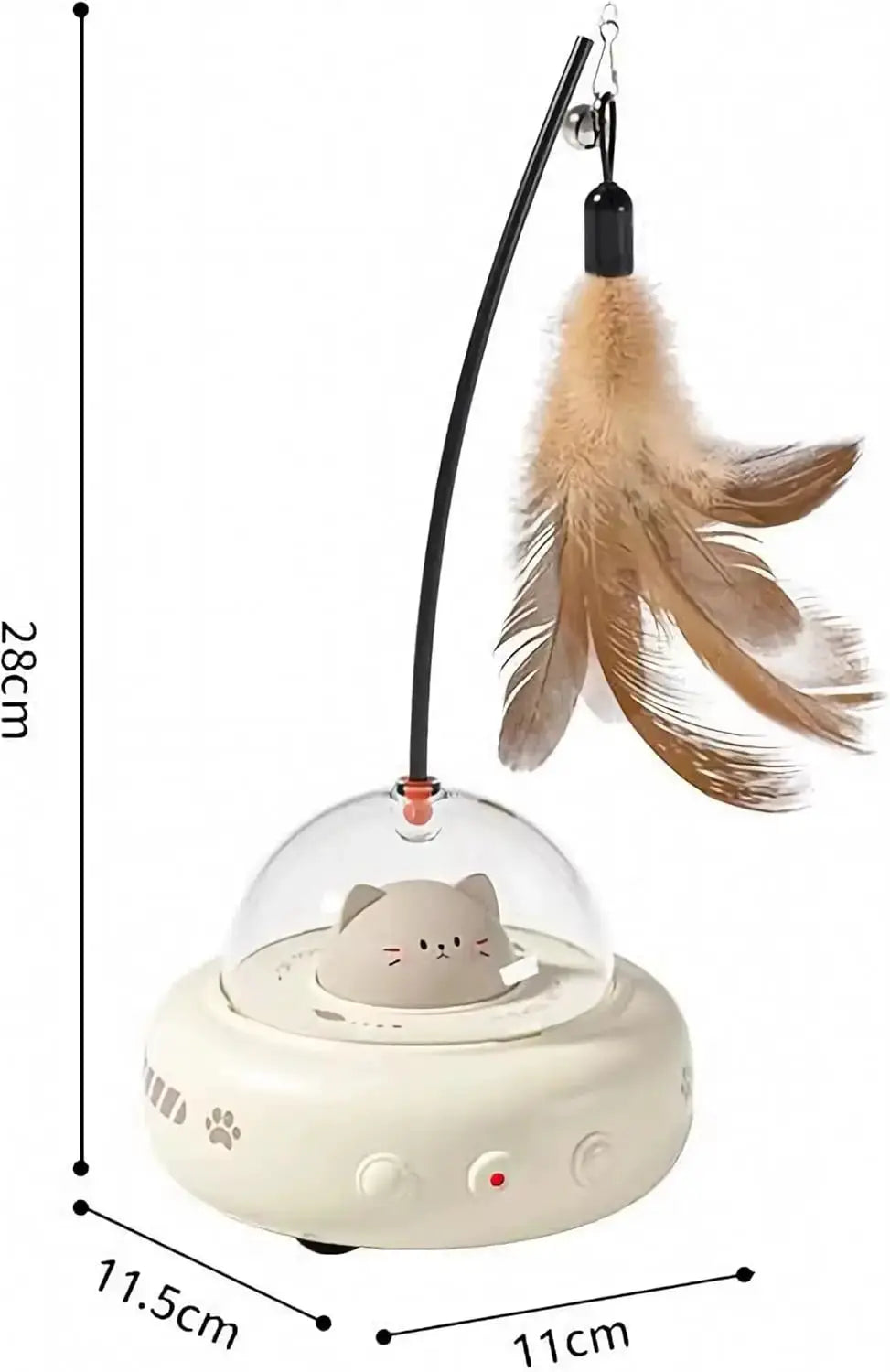 Jouet interactif pour chat d'intérieur 2 en 1, base ronde blanche avec chat en nacelle et baguette à plumes brun