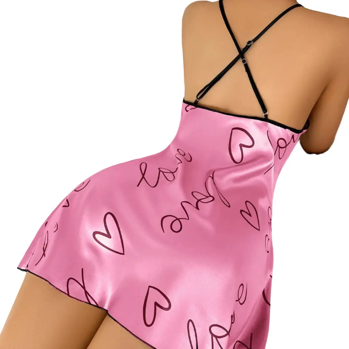 Chemise de nuit en satin à bretelles spaghetti – Imprimé cœurs et fleurs